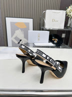 DIOR J'A SLINGBACK PUMP BLACK CALFSKIN AND BLACK EMBROIDERED FABRIC 10 CM