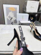 DIOR J'A SLINGBACK PUMP BLACK CALFSKIN AND BLACK EMBROIDERED FABRIC 10 CM