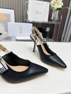 DIOR J'A SLINGBACK PUMP BLACK CALFSKIN AND BLACK EMBROIDERED FABRIC 10 CM