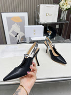 DIOR J'A SLINGBACK PUMP BLACK CALFSKIN AND BLACK EMBROIDERED FABRIC 10 CM
