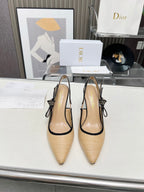 DIOR J'A SLINGBACK PUMP NATURAL RAFFIA AND BLACK EMBROIDERED COTTON 10 CM
