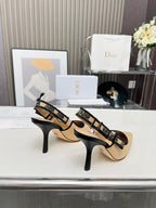DIOR J'A SLINGBACK PUMP NATURAL RAFFIA AND BLACK EMBROIDERED COTTON 10 CM