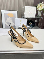DIOR J'A SLINGBACK PUMP NATURAL RAFFIA AND BLACK EMBROIDERED COTTON 10 CM