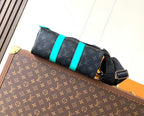 LOUIS VUITTON LV 25S KEEPALL 25 WITH SHOULDER STRAP IN BLACK AQUA COATED MONOGRAM ECLIPSE CANVAS AND CALFSKIN