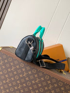 LOUIS VUITTON LV 25S KEEPALL 25 WITH SHOULDER STRAP IN BLACK AQUA COATED MONOGRAM ECLIPSE CANVAS AND CALFSKIN
