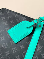 LOUIS VUITTON LV 25S KEEPALL 50 WITH SHOULDER STRAP IN BLACK AQUA COATED MONOGRAM ECLIPSE CANVAS AND CALFSKIN