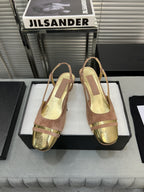 CHANEL slingback rose suede gold metalic lambskin square toe 5.0
