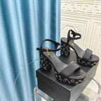 CHANEL Chunky Heel Rhinestone High Sandals Black Lambskin