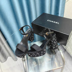 CHANEL Chunky Heel Rhinestone High Sandals Black Lambskin
