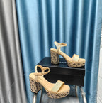 CHANEL Chunky Heel Rhinestone High Sandals Beige Cream Lambskin