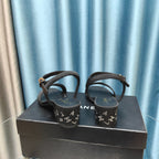 CHANEL Chunky Heel Rhinestone Sandals Black Lambskin