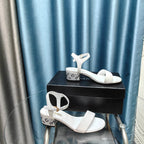 CHANEL Chunky Heel Rhinestone Sandals White Lambskin