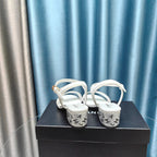 CHANEL Chunky Heel Rhinestone Sandals White Lambskin