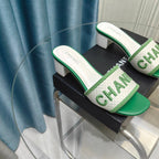 CHANEL MULE SANDAL 45 WHITE MIX LIGHT GREEN FABRIC EMBROIDERY
