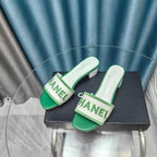 CHANEL MULE SANDAL 45 WHITE MIX LIGHT GREEN FABRIC EMBROIDERY