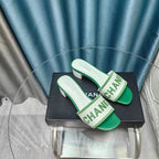CHANEL MULE SANDAL 45 WHITE MIX LIGHT GREEN FABRIC EMBROIDERY