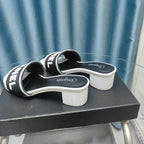 CHANEL MULE SANDAL 45 WHITE BLACK FABRIC EMBROIDERY