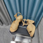 CHANEL THICK-SOLED WEDGE SANDALS IN BEIGE CREAM SUEDE