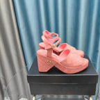 CHANEL THICK-SOLED WEDGE SANDALS IN LIGHT PINK SUEDE
