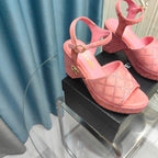 CHANEL THICK-SOLED WEDGE SANDALS IN LIGHT PINK SUEDE