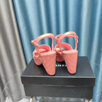CHANEL THICK-SOLED WEDGE SANDALS IN LIGHT PINK SUEDE