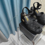CHANEL THICK-SOLED WEDGE SANDALS IN BLACK SUEDE