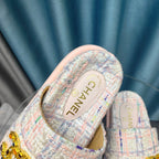 CHANEL PLATFORM HEELS SANDALS IN LIGHT PINK TWEED