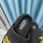 CHANEL PLATFORM HEELS SANDALS IN BLACK WOOLEN FABRIC