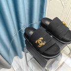 CHANEL PLATFORM HEELS SANDALS IN BLACK WOOLEN FABRIC