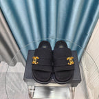 CHANEL PLATFORM HEELS SANDALS IN BLACK WOOLEN FABRIC