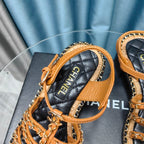 CHANEL HIGH SANDALS WITH THREE STRAPS IN OCHRE YELLOW CALFSKIN