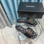 CHANEL QUILTED SLIPPERS BLACK SHEEPSKIN