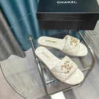 CHANEL QUILTED SLIPPERS WHITE SHEEPSKIN