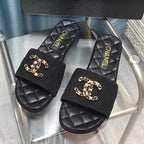 CHANEL QUILTED SLIPPERS BLACK SUEDE AND SHEEPSKIN