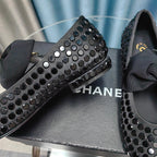 CHANEL MARY JANE BOW RHINESTONE BLACK SILK