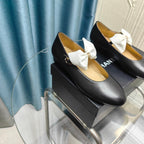 CHANEL MARY JANE SHOES BLACK SHEEPSKIN WITH WHITE BOW