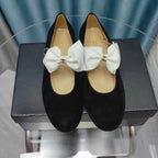 CHANEL MARY JANE SHOES BLACK SUEDE WITH WHITE BOW