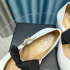 CHANEL HIGH MARY JANE SHOES WHITE SHEEPSKIN WITH BLACK BOW
