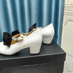 CHANEL HIGH MARY JANE SHOES WHITE SHEEPSKIN WITH BLACK BOW