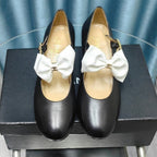 CHANEL HIGH MARY JANE SHOES BLACK SHEEPSKIN WITH WHITE BOW