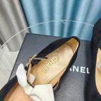 CHANEL HIGH MARY JANE SHOES BLACK SUEDE WITH WHITE BOW