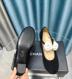 CHANEL HIGH MARY JANE SHOES BLACK SUEDE WITH WHITE BOW