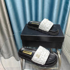 CHANEL KNIT SLIPPERS IN LIGHT PINK WOVEN SATIN AND BLACK SHEEPSKIN