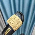 CHANEL KNIT SLIPPERS IN DARK CREAM WOVEN SATIN AND BLACK SHEEPSKIN