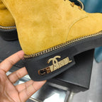 CHANEL SHORT BOOTS IN GOLD YELLOW SUEDE AND BLACK SHEEPSKIN