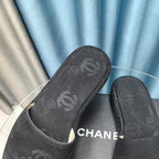 CHANEL THICK-SOLE SLIPPERS BLACK SATIN