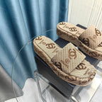 CHANEL THICK-SOLE SLIPPERS PEANUT BROWN SATIN