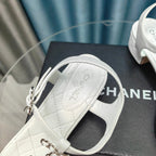 CHANEL CLASSIC THONG SANDALS WHITE LAMBSKIN WITH PEARL BUCKLE
