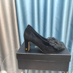 CHANEL HIGH HEELS 80 MM IN BLACK SUEDE AND CALFSKIN WITH FLOWER