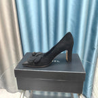 CHANEL HIGH HEELS 80 MM IN BLACK SUEDE AND CALFSKIN WITH FLOWER